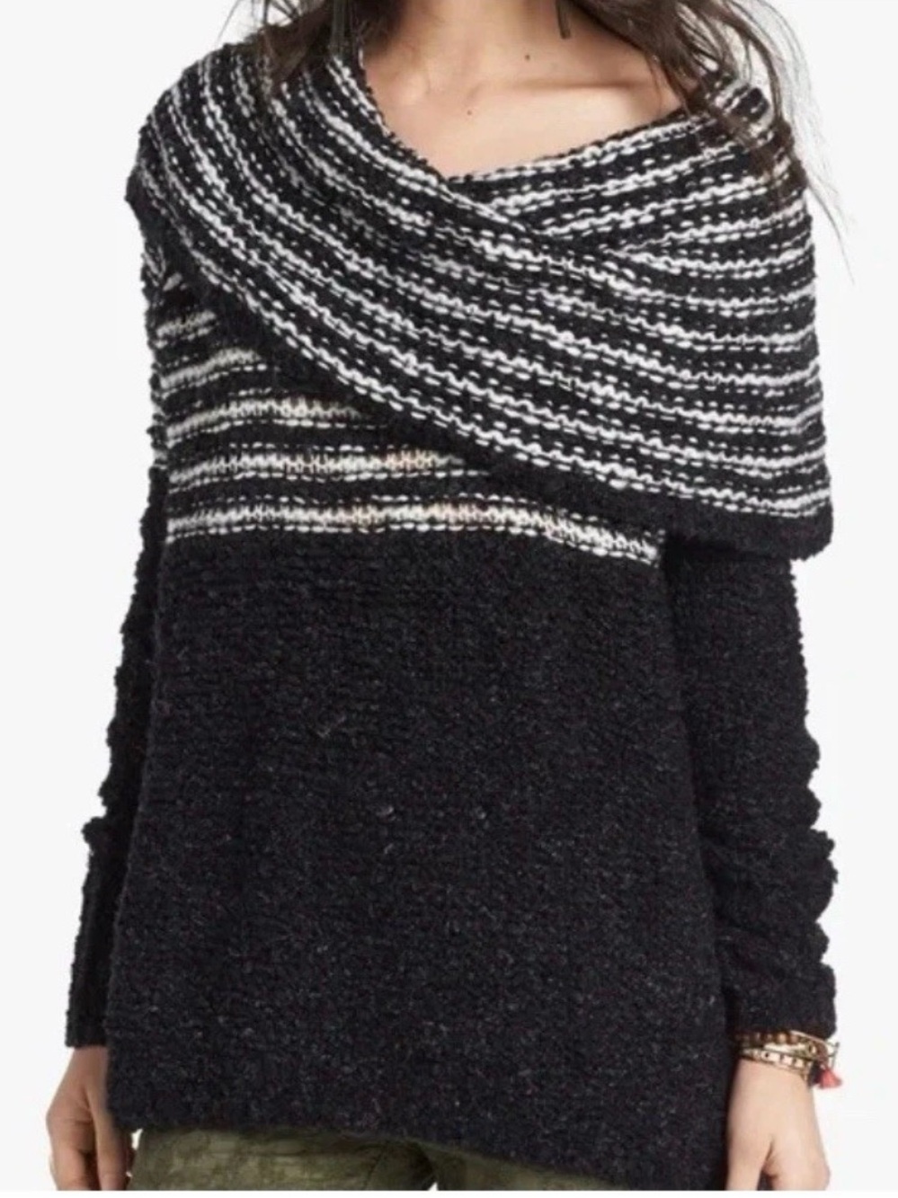 Free People Black & White Off-the-Shoulder Striped Shawl Sweater